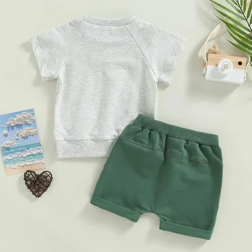 Vista 4 de Conjunto de traje de verano para bebé niño pequeño, manga corta, cuello redondo, letras impresas, lindo traje de verano, conjunto de 2 piezas