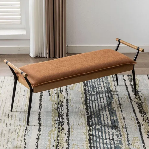 Vista 8 de DUOMAY Banco Otomano Rectangular Moderno con Brazos y Patas de Metal, Banco de Mesa de Comedor de PU de Mediados de Siglo, Reposapiés, Banco