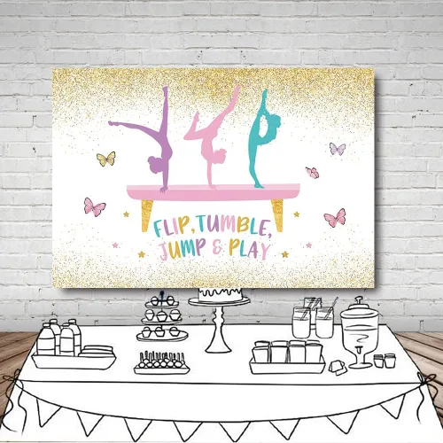 Vista 4 de MEHOFOND Telón de fondo de gimnasia de cumpleaños para niñas, gimnastas, volteador, saltar y jugar, suministros de decoración de fiesta, fondo
