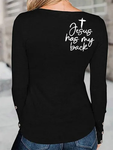 Vista 4 de Jesus Has My Back - Camisa para mujer, Blessed Jesus Has My Back, sudaderas cristianas para mujer, camisa de fe
