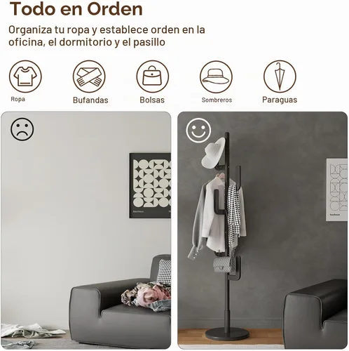 Vista 7 de Muwuele Perchero de Cactus de Madera Maciza, Perchero Independiente con 6 Ganchos en Forma de L y 3 Tamaños Ajustables, Árbol de Perchero para Negro