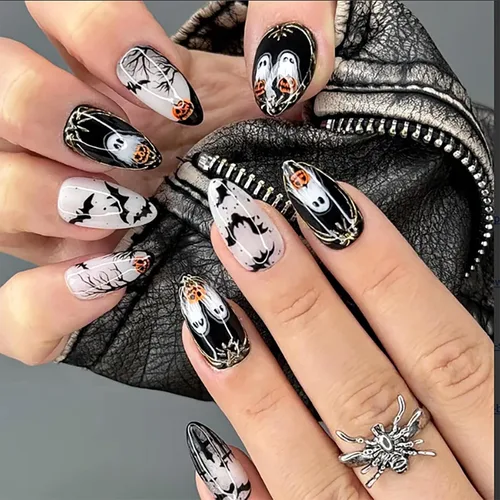 Vista 30 de Paquete de 6 144 uñas acrílicas de Halloween a presión, uñas postizas reutilizables de cobertura completa, uñas postizas adhesivas con pegamento