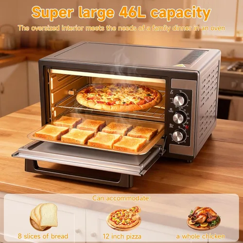 Vista 5 de Horno tostador de convección grande de 46L, horno de encimera de cocina 9 en 1 con tostado crujiente, deshidratar, asador, incluye 6 accesorios