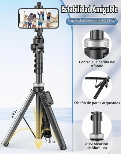 Vista 5 de Trípode de teléfono de 60 pulgadas para iPhone: palo selfie extensible para iPhone-andriod, trípode para selfie stick con control remoto para 60
