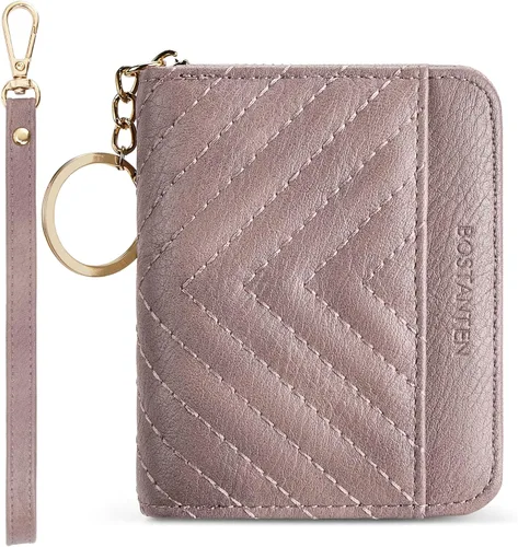Vista 8 de BOSTANTEN Cartera de piel con bloqueo RFID para tarjetas de crédito, cartera pequeña para mujer, con cremallera, llavero y cartera con correa