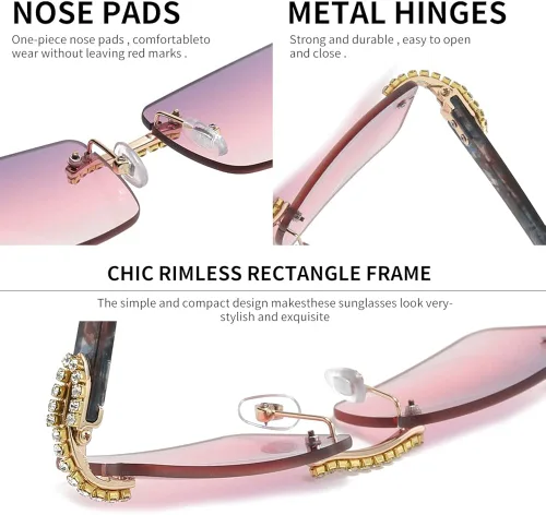 Vista 2 de KAMMPT Gafas de sol vintage sin montura para mujeres y hombres lentes rectangulares de metal dorado con diamantes sin marco