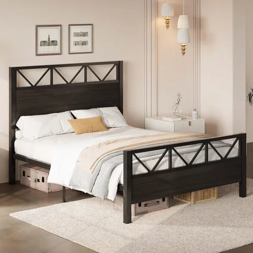 Vista 5 de LIKIMIO Base de cama Queen con cabecero industrial alto de 51.2 pulgadas, marco de cama de plataforma con soporte de metal fuerte, sólido y estable