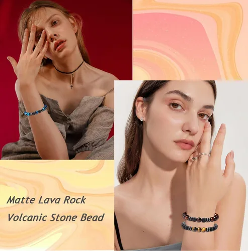 Vista 5 de MOZAKA 12 pulseras con cuentas de piedra natural de lava de 0.315 in para hombres y mujeres, ojo de tigre, hematita, ónix negro, cuentas mate