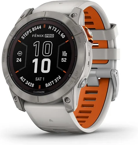 Vista 2 de Garmin Fenix 7X Pro Sapphire Solar, reloj inteligente GPS multideportivo, linterna integrada, carga solar, titanio con banda gris nieblanaranja