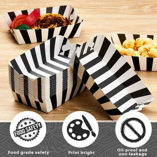 Vista 3 de Yaomiao 100 bandejas de papel a rayas, botes de papel para comida, nachos y perritos calientes, platos desechables para carnaval, ferias, Negro
