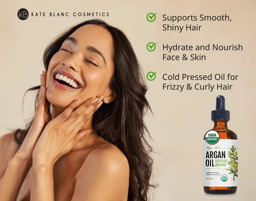 Vista 2 de Aceite de Argán marroquí orgánico virgen 100 % puro con certificación USDA, prensado en frío por Kate Blanc Estimula el crecimiento para el pelo