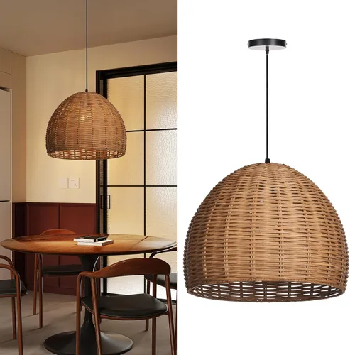 Vista 2 de Arturesthome 1 Luz Lámpara Colgante Tejida a Mano de Ratán, Candelabro Boho Tejido Natural Colgante en el Techo, Lámpara de Araña de Granja Costera