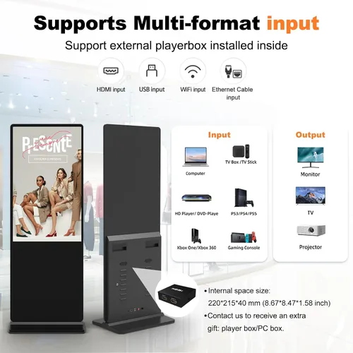 Vista 5 de Pantalla LCD IPS de 32 pulgadas para señalización digital interior, quioscos digitales de pie interactivos con WiFi, entrada HDMI/USB, reproductor
