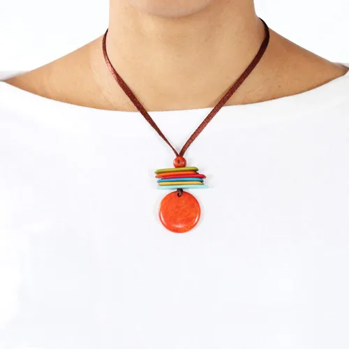 Vista 3 de Tagua Pendant Necklace in Orange, Handmade, Fair Trade, Adjustable by Florama Natural Jewelry