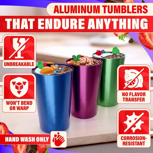 Vista 4 de Vasos de aluminio de 15 onzas, juego de 6, tazas de metal retro para beber Brillante Multicolor
