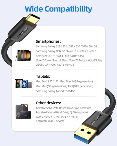 Vista 7 de SUNGUY Cable USB C Android Auto de 0.5 pies/6 pulgadas, 10 Gbps USB C 3.1 Gen 2 Transferencia de datos, cable USB A a USB C CarPlay de carga rápida