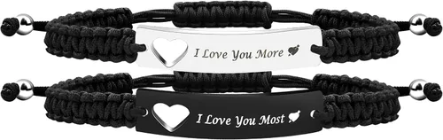 Vista 14 de Pulsera de pareja para hombres y mujeres, de acero inoxidable blanco y negro, grabada, joyería de amor para esposa, marido, 2 pulseras tejidas a