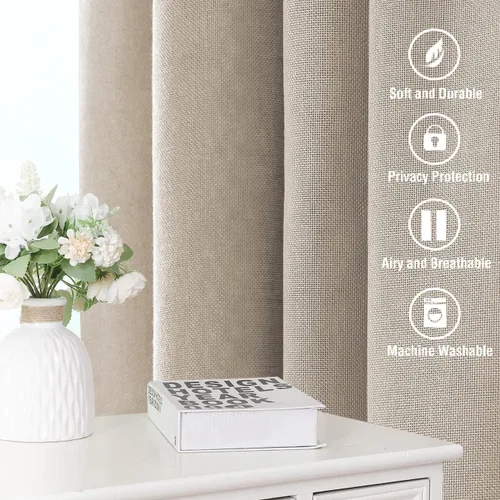 Vista 6 de H.VERSAILTEX Cortinas de lino natural de 63 pulgadas de largo para sala de estar, 2 paneles con trabillas traseras y bolsillo, texturizadas