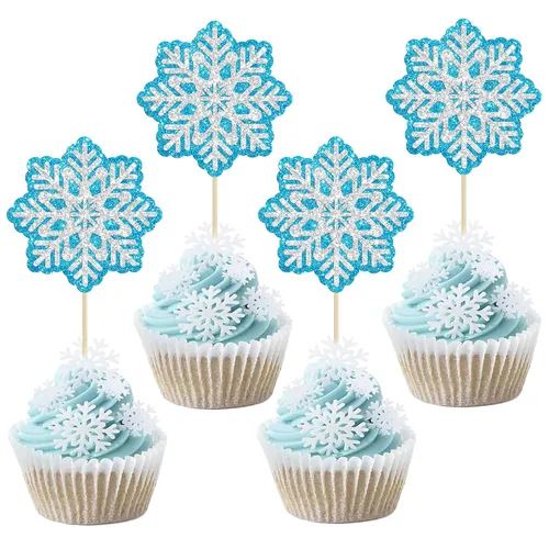 Vista 20 de Gyufise 24 adornos de copos de nieve Oh Baby para cupcakes con purpurina azul, decoración de pastel de baby shower congelado para baby shower
