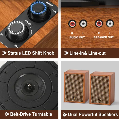 Vista 2 de Tocadiscos de vinilo con altavoces externos duales, tocadiscos Bluetooth vintage de 3 velocidades con altavoces estéreo, reproductor LP accionado