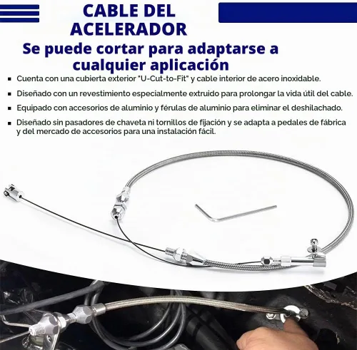 Vista 2 de Kit de cable de acelerador universal de 24 pulgadas, de acero inoxidable, trenzado ajustable, kit de bloqueo de cubierta de cable de acelerador