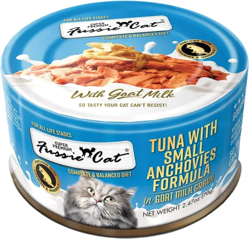 Vista 8 de Fussie Cat Premium Fórmula de atún húmeda sin grano para gato, 2.82 oz / 80 gramos, caja de 24