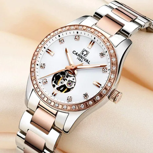 Vista 8 de CARNIVAL Reloj mecánico automático de zafiro sintético para mujer, oro rosa, acero inoxidable, zafiro, resistente al agua, blanco