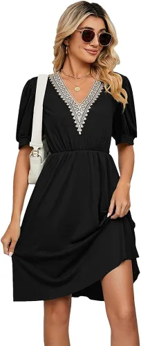 Vista 3 de Atxnn Vestido midi casual de verano para mujer, cuello en V, manga corta, suelto, acampanado, con bolsillos, ribete de encaje, vestido de patinadora