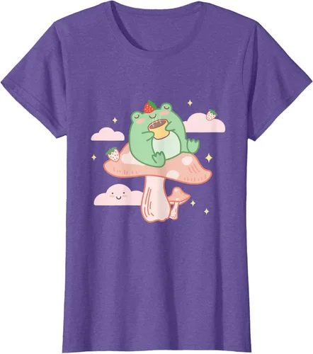 Vista 25 de Kawaii Strawberry Frog On Mushroom - Camiseta de manga corta de anime, Azul / Patchwork, S Azul Pastel