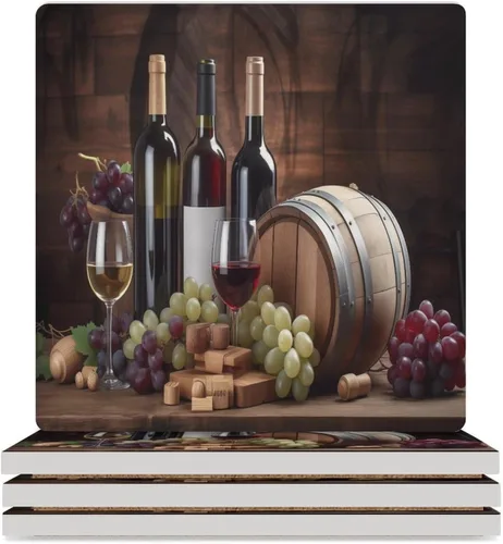 Vista 10 de 4 posavasos de vino tinto, cuadrados y modernos posavasos absorbentes de cerámica, estilo de pintura al óleo, vintage, vino tinto, uvas, rosa