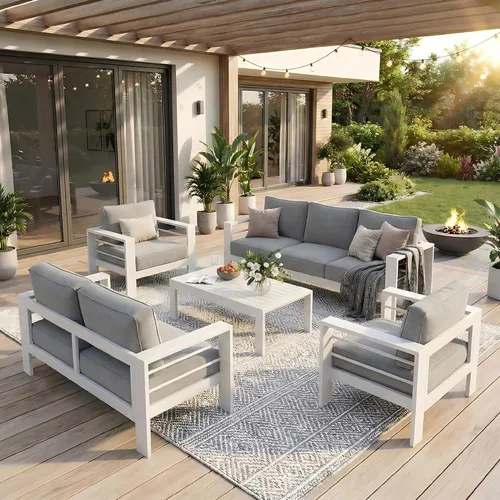 Vista 50 de Solaste Sofá de aluminio para patio con mesa auxiliar, juego de 3 muebles de patio con cojines, sofá de exterior para todo tipo de clima