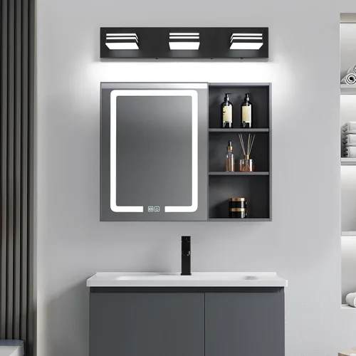 Vista 6 de Moderna lámpara LED para tocador de baño (3 luces, 24 pulgadas) (5CCT, regulable), negro mate moderno para pared de baño