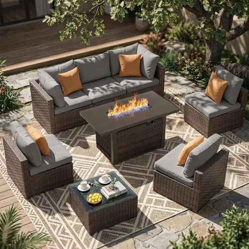 Vista 20 de Juego de muebles de patio al aire libre, 7 piezas, sofá seccional de mimbre con cojines y mesa de té, sofá de conversación de ratán para patio Beige