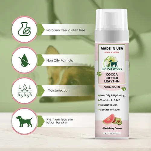 Vista 3 de Pro Pet Works 5 en 1 Loción acondicionadora de manteca de cacao Deja En para perros y gatos - Crema/Bálsamo para manchas calientes para alergias