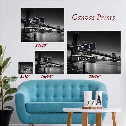 Vista 2 de CP CANVASPATH Letrero de calle con el nombre de la pareja y la fecha, impresiones personalizadas en lienzo del puente de Manhattan por la noche
