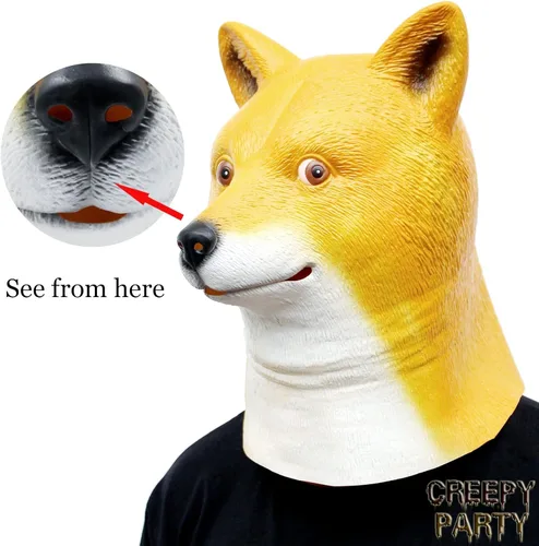 Vista 5 de CreepyParty Máscara de cabeza de perro de animal, máscara de látex para Halloween, fiesta de disfraces, máscaras de perro Shiba