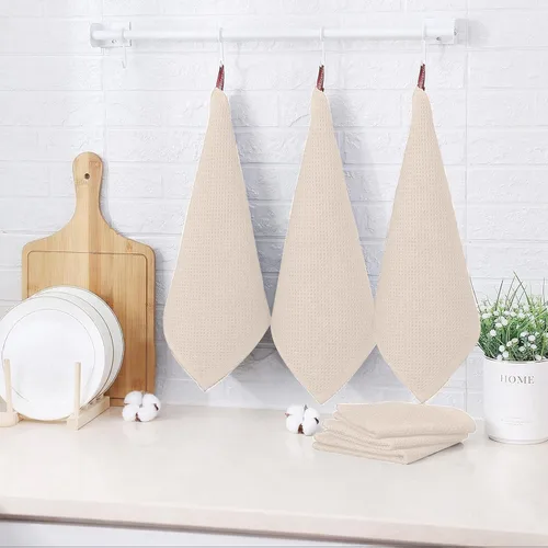 Vista 2 de QUILTINA Paquete de 6 paños de cocina de 12 x 12 pulgadas, 100% algodón, tejido de gofre, súper absorbentes, de secado rápido, color beige