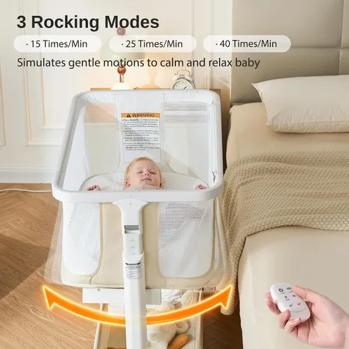 Vista 2 de Moisés de malla para bebé de 0 a 6 meses, moisés mecedor eléctrico con 3 velocidades de balanceo y 8 música, color beige