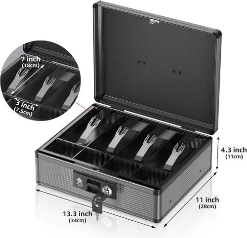 Vista 5 de Caja de Efectivo con Cerradura con Bandeja para Dinero y Llave, Caja Fuerte Segura para Efectivo, Caja de Dinero Portátil con Espacios