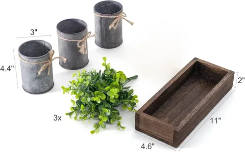 Vista 8 de Dahey Florero de metal con eucalipto artificial y centro de mesa, bandeja de madera con eucalipto artificial para decoración de granja