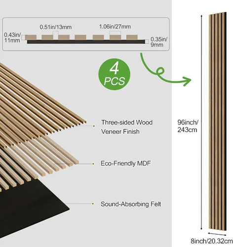 Vista 19 de Paquete de 2 paneles de madera para pared, paneles acústicos de listones de madera de 48 x 24 pulgadas, paneles acústicos para decoración de paredes