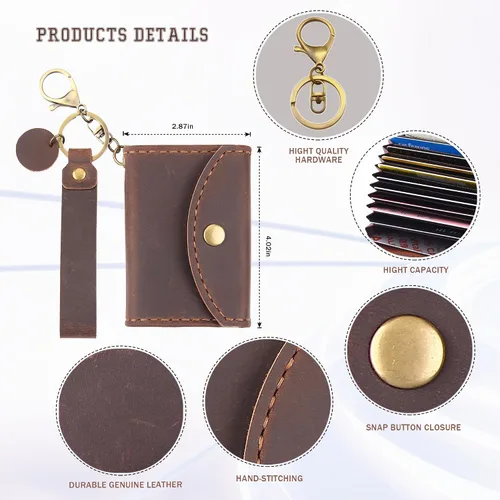 Vista 2 de Cartera de cuero genuino para tarjetas de crédito, organizador de tarjetas de crédito para mujeres y hombres, monedero pequeño llavero, Café, Simple