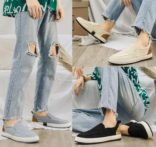 Vista 6 de Alpargatas de lona tejida para hombre, zapatos de pescador, zapatos de cubierta de lino transpirable, antideslizantes, estilo vintage, casual