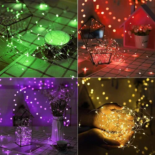 Vista 3 de Twinkle Star - Tira de luces de hadas con cambio de color de 33 pies, 100 luces LED impermeables y con cable plateado, 16 colores, luces USB