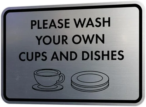 Vista 78 de Letrero clásico enmarcado con texto en inglés «Please Wash Your Own Cups and Dishes» (negro)