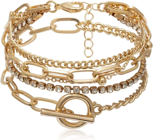 Vista 5 de Pulseras de Declaración con Colgante de Candado de Cadena Gruesa en Capas, Estilo Bohemio Ajustable con Cierre de Palanca, Brazaletes de Muñeca