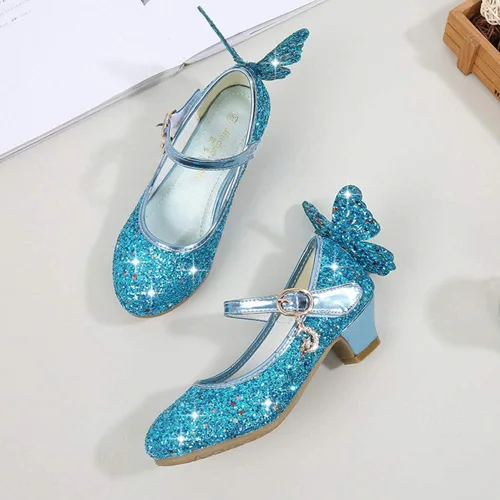 Vista 3 de Zapatos brillantes de mariposa Mary Jane para niñas y niñas, zapatos de fiesta de boda con purpurina para damas de honor, tacones bajos, zapatos