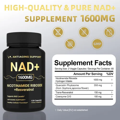 Vista 2 de Suplemento NAD de 1600 mg, NAD+ con resveratrol y ribósido de nicotinamida, apoyo antienvejecimiento, energía celular y apoyo a la claridad mental