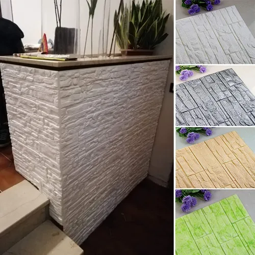 Vista 5 de Paneles de pared de espuma autoadhesivos 3D, cubren 5.7 pies cuadrados, adhesivos de papel tapiz de piedra de ladrillo para decoración de pared