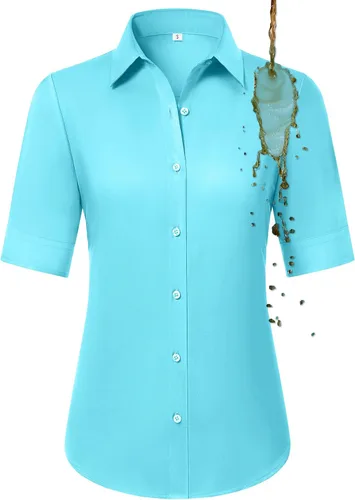 Vista 14 de Camisas con botones para mujer, ajustadas, de manga corta, con cuello, sin arrugas